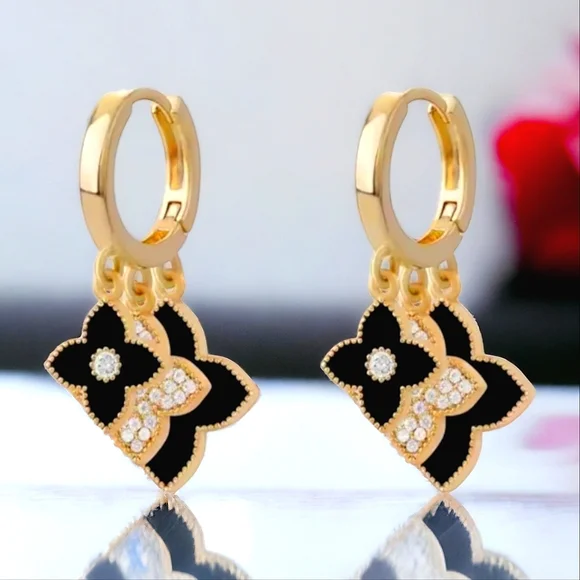 Clover 18k Gold Plated Onyx Zircon Dangle Earrings - Picture 1 of 4